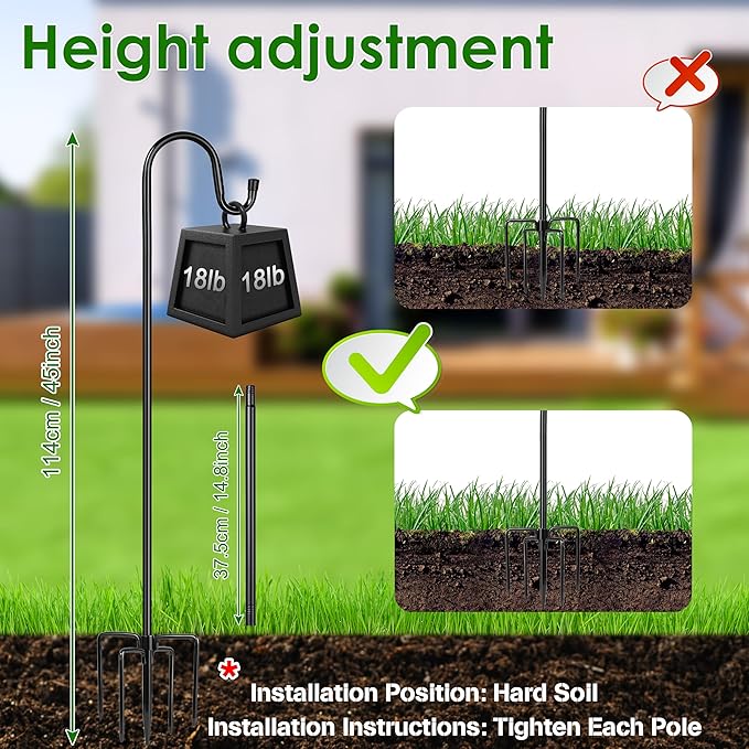 XDW-GIFTS Bird Feeder Pole for Outdoor, 45 Inch Shepherds Hooks Heavy Duty Garden Pole for Hanging Plant Basket, Solar Light Lanterns, Garden Plant Hanger Stands with 5 Base Prongs