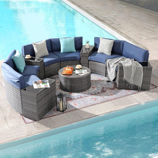 SUNSITT Outdoor Patio Furniture 11-Piece Half-Moon Sectional Round Patio Furniture Set Curved Outdoor Sofa with Tempered Glass Round Coffee Table, 4 Pillows, Grey Rattan & Denim Blue Cushion