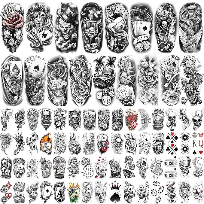 Casino Temporary Tattoos (77 Sheets), Fake Tattoo for Adults and Kids, Waterproof Fake Body Tattoo Stickers for Halloween, Parties, Cosplay, Casino Night - Realistic Poker/Dice/Skull/Chicano Designs