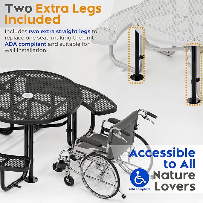 Metal Picnic Tables for Outdoors with Umbrella Hole - Coated Steel Heavy Duty Commercial Grade Table with Adjustable Seats (Black, 46 in, Round, Punched Steel)