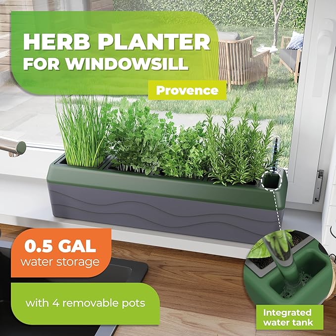 Provence Self Watering Planters – 4-Herb Window Boxes Planters with Water Level Indicator – Windowsill Planter – Modern Pot Design – Practical and Easy to Use, Grey, Dark Green (PRO-4)