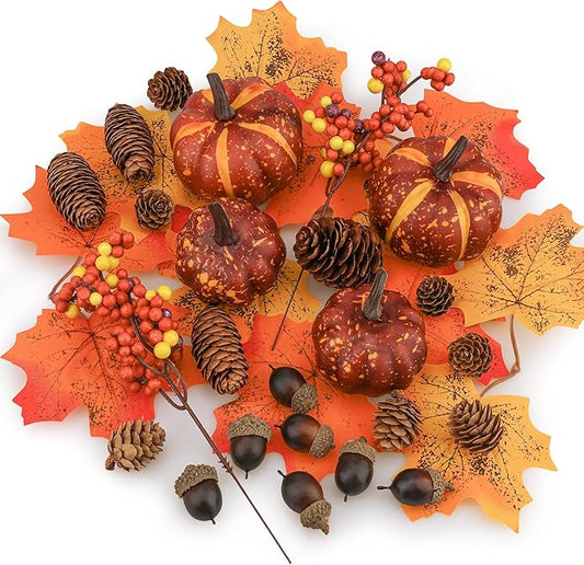 30 Pcs Artificial Pumpkins Set Fall Decorations with Maple Leaves Pine Cones Acorns Berries Assorted Fake Pumpkin for Thanksgiving Halloween Autumn Harvest Home Table Decor