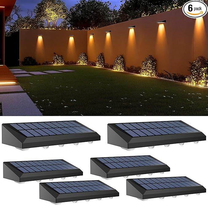 Solar Fence Lights Outdoor Waterproof IP65, 6 Pack Fence Lights Solar Powered 60 Lumens Auto On/Off Step Wall Lights Outside Decorations for Yard, Porch, Patio, Stairs, Pool, Deck, Garden- Warm Light