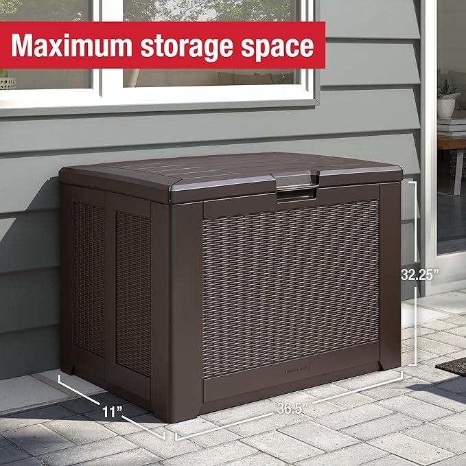 Rubbermaid Medium Resin Outdoor Storage Deck Box (74 Gal) Weather Resistant Brown Deck Organization for Home/Backyard/Pool Chemicals/Toys/Garden Tools/Porch/Patio Cushions