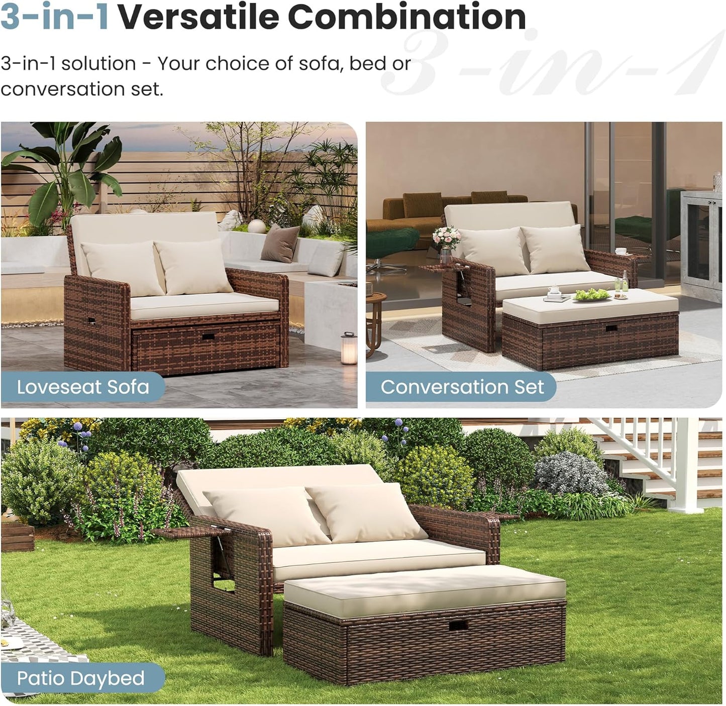 Amopatio Wicker Outdoor Daybed - Outdoor Loveseat with Storage Ottoman,4-Level Adjustable Backrest & Cushions, Patio Loveseat for Yard, Balcony, Porch, Garden, Poolside（Beige）