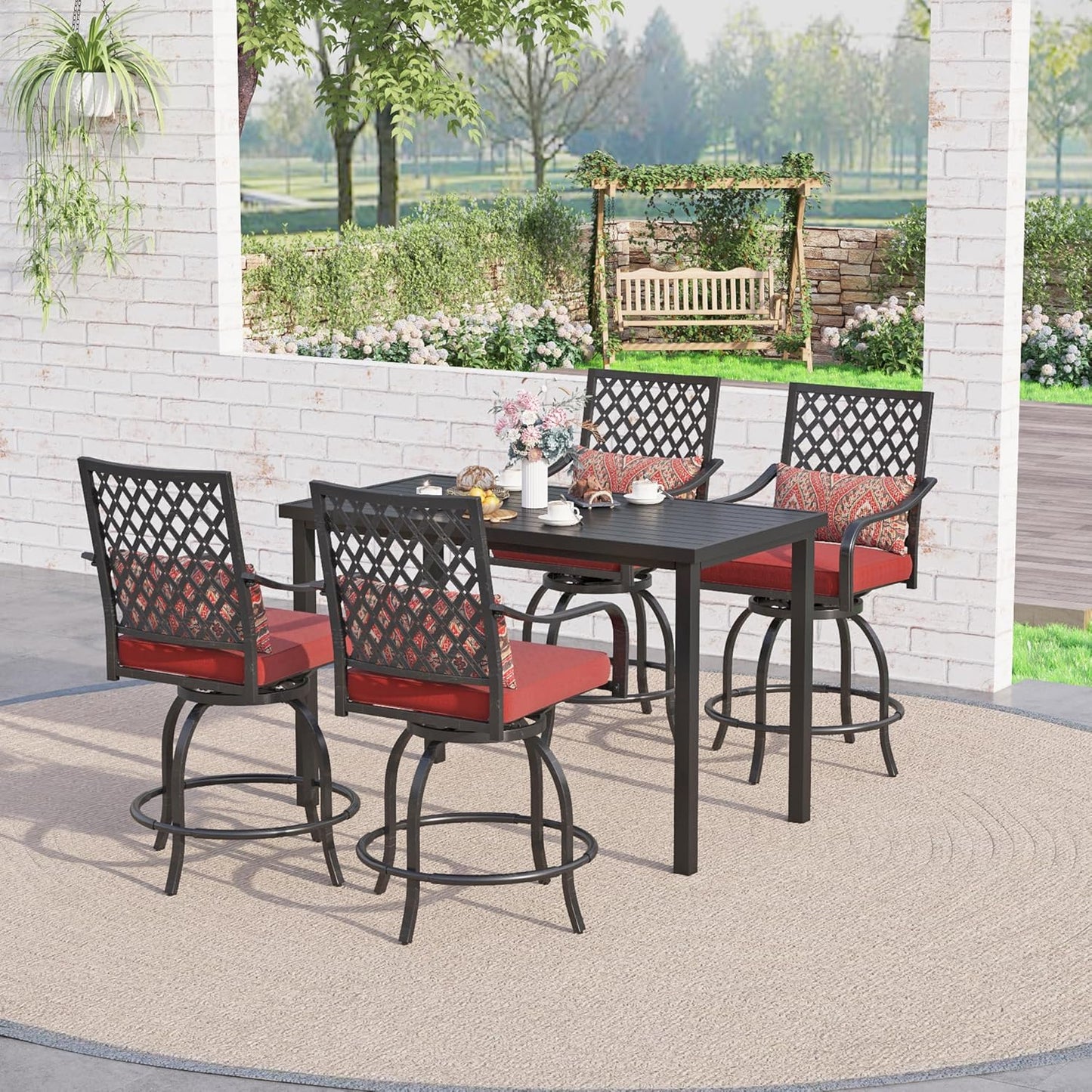 Sophia & William Patio Bar Set 5 Piece Outdoor Dining Set, 4 Swivel Bar Stools Chairs with Red Cushion and 1 Rectangular Bar Height Table, All-Weather Metal Furniture Set for Garden Lawn Backyard