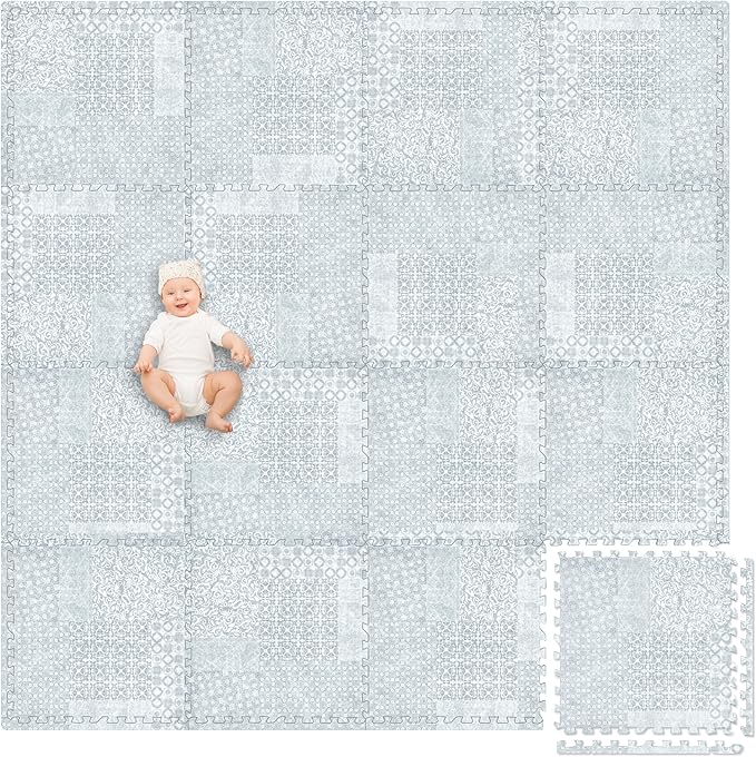 Play Platoon Non-Toxic Extra-Thick Children's Play Mat, 16 Tile - 96 x 96 inch Comfortable Cushiony Foam Floor Puzzle Mat for Kids & Toddlers with 24 x 24 inch Tiles - Grey, Boho Modern