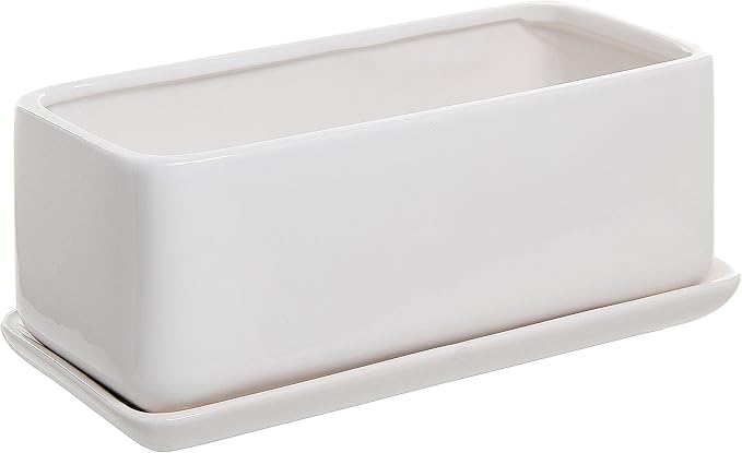 MyGift 14 Inch Modern Unglazed White Ceramic Indoor Plant Pot with Drainage Hole, Rectangular Succulent Planter Window Box with Removable Saucer, White (10 inch - 1 Pack)