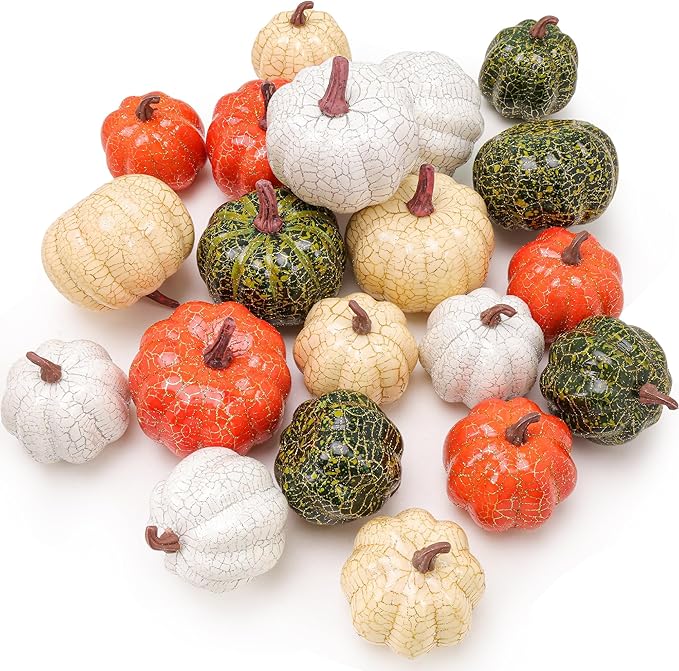 20 PCS Mini Assorted Artificial Pumpkins Set Fall Harvest Faux Foam Pumpkin Decorations Small Rustic Fake Pumpkin for Thanksgiving Halloween Wedding Farmhouse Party Home Kitchen Table Decor