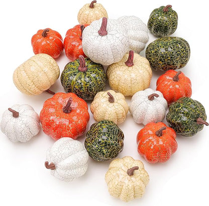 20 PCS Mini Assorted Artificial Pumpkins Set Fall Harvest Faux Foam Pumpkin Decorations Small Rustic Fake Pumpkin for Thanksgiving Halloween Wedding Farmhouse Party Home Kitchen Table Decor