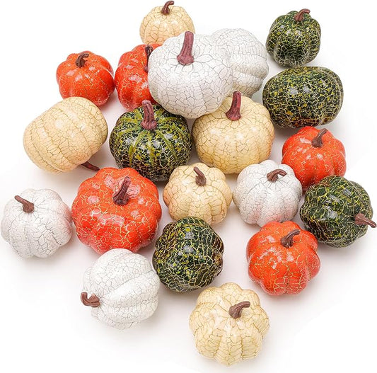 20 PCS Mini Assorted Artificial Pumpkins Set Fall Harvest Faux Foam Pumpkin Decorations Small Rustic Fake Pumpkin for Thanksgiving Halloween Wedding Farmhouse Party Home Kitchen Table Decor