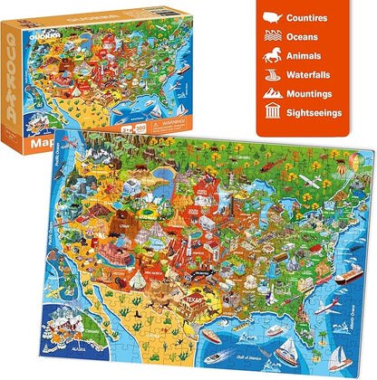 QUOKKA Puzzles for Kids Ages 4-6 - 3 Set 300 Piece Puzzles for Kids 6-8 - Learning Map of The United States World Space Puzzle - Educational Games for Kid 8-10 - Toys for 12 Year Old Boys and Girls
