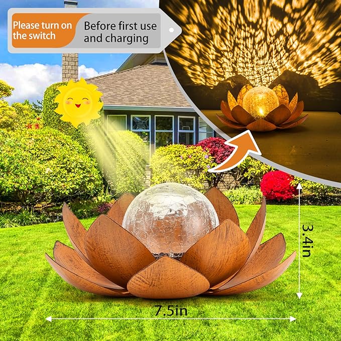 Solar Light Outdoor(2Pack), Art Crackle Globe Glass Lotus Decoration, Solar LED Waterproof Metal Flower Lights for Patio,Lawn,Walkway,Tabletop