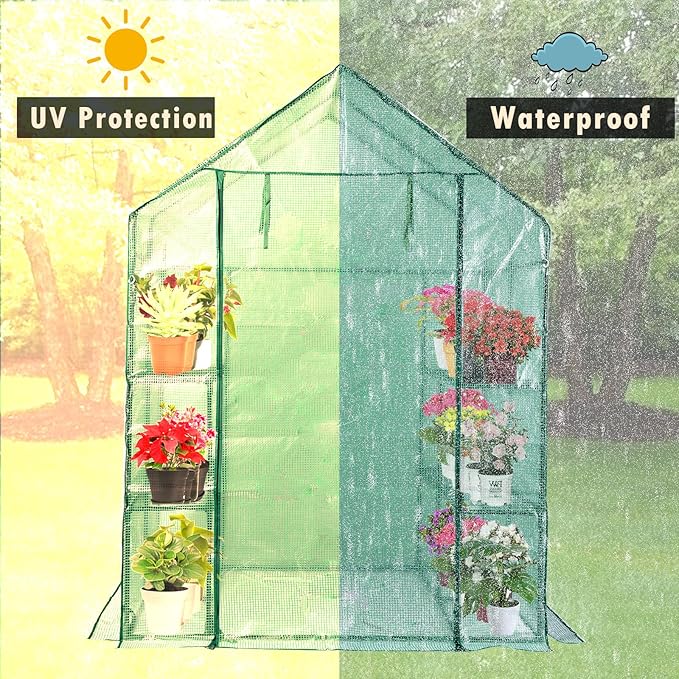Walk-in Greenhouse w/ Roll-Up Zipper Door & Screen Windows-3 Tiers 12 Shelves 56x56x76“ PE Greenhouse for Outdoor Gardening Plants Cold Frost Protection Wind Rain Proof(PLGHW002G-N)