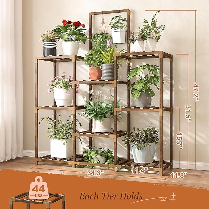 EnHomee Plant Stand Indoor Large Plant Stands Outdoor 5 Tiers Wood Tiered Plants Shelf for Multiple Plants with 8 Potted 34.3" W x 11.8" D x 47.2" H