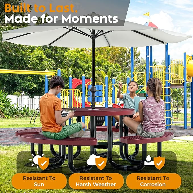 Metal Picnic Tables for Kids for Outdoors with Umbrella Hole - Coated Steel Heavy Duty Commercial Grade Table with Adjustable Seats (Red, 38 in, Kids, Expanded Steel)