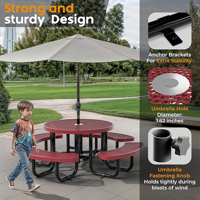 Metal Picnic Tables for Kids for Outdoors with Umbrella Hole - Coated Steel Heavy Duty Commercial Grade Table with Adjustable Seats (Red, 38 in, Kids, Expanded Steel)