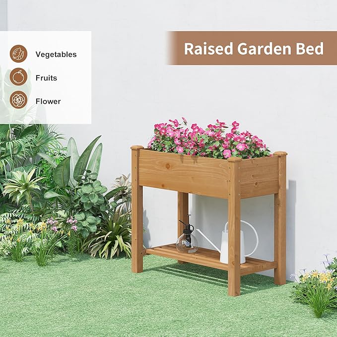 FILWH Raised Garden Bed with Legs Elevated Wooden Planter Box Stand Large Planter Stand Box for Fruits Vegetables Flowers with Divider with Bag - 34x18x30.5IN（Brown）