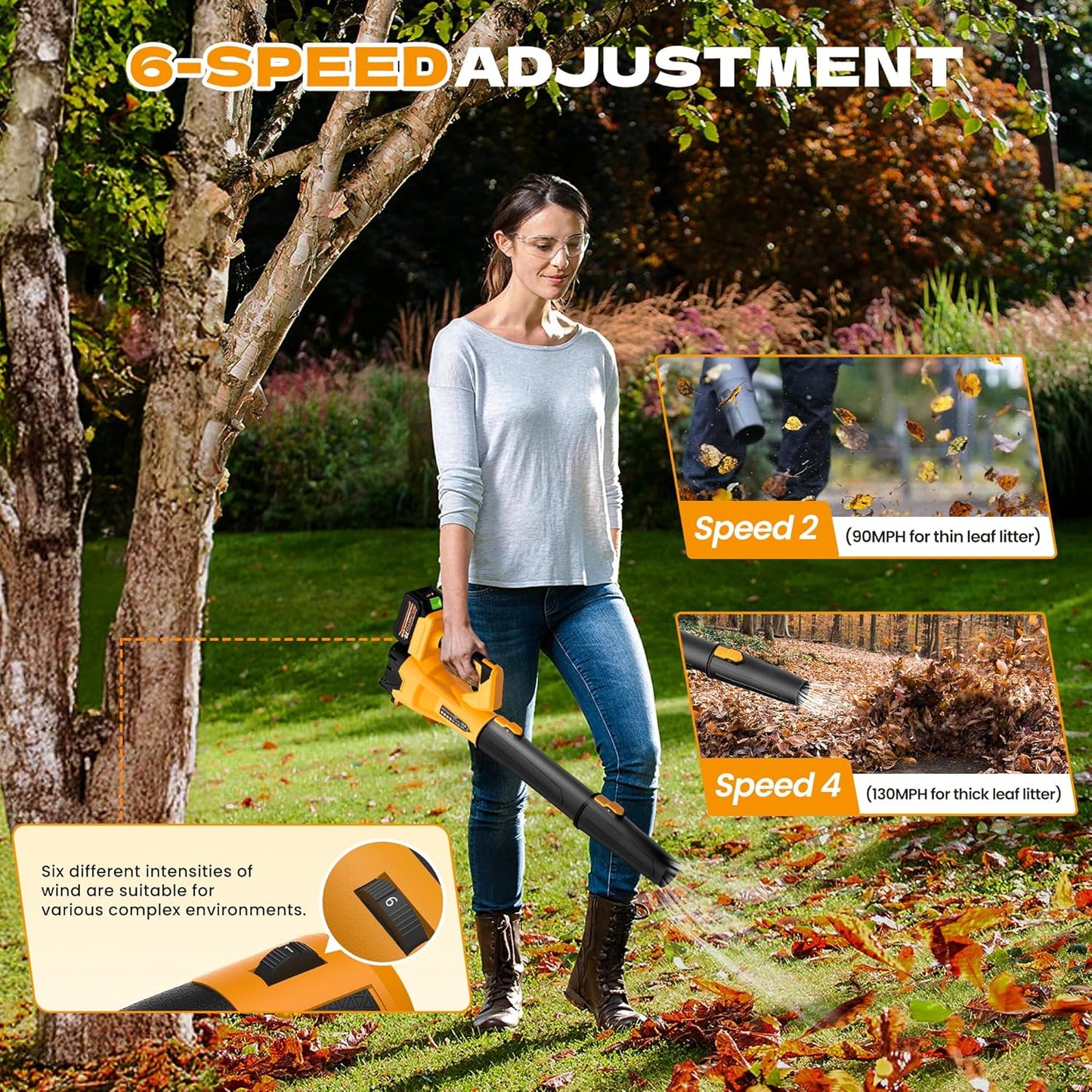 Leaf Blower Cordless, 650 CFM/170 MPH, 6-Speed Levels with 2 X 4.0Ah Handheld Battery Leaf Blower, Electric Blowers for Lawn Care, Garden, Yard (Yellow & 2 Battery)