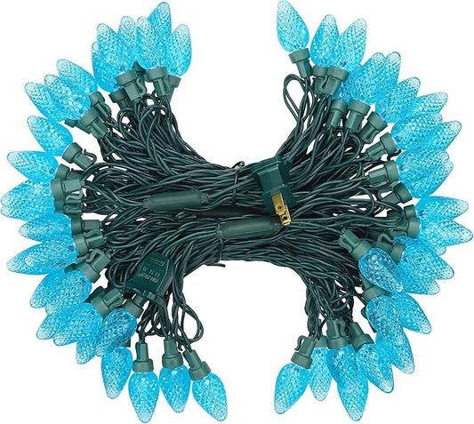 DEWENWILS C7 Outdoor Christmas Lights - 33.3FT 50LED String Decorations for House, Tree, Patio, Garden, Yard - Green Wire, Turquoise, UL Listed