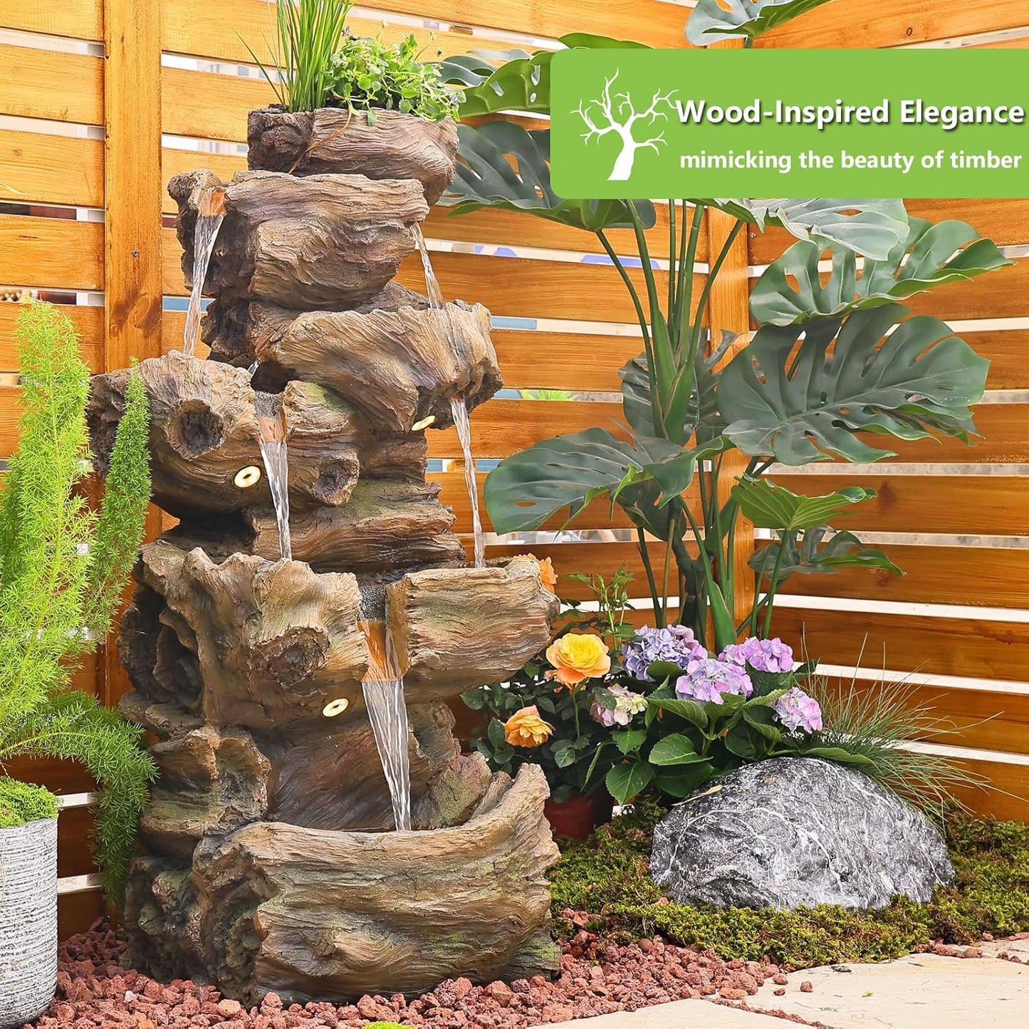 40.5" H Outdoor Garden Water Fountain 5 Tiers Large Cascading Rock Natural Waterfall Outdoor Fountain Resin Imitation Wood with LED Lights for Garden, Patio, Porch