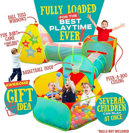 5pc Kids Play Tent for Toddlers with Ball Pit, Crawl Tunnel, Indoor & Outdoor Playhouse, Jungle Gym, Toys for Boys & Girls, Includes Dart Balls, Teepee & Basketball Hoops
