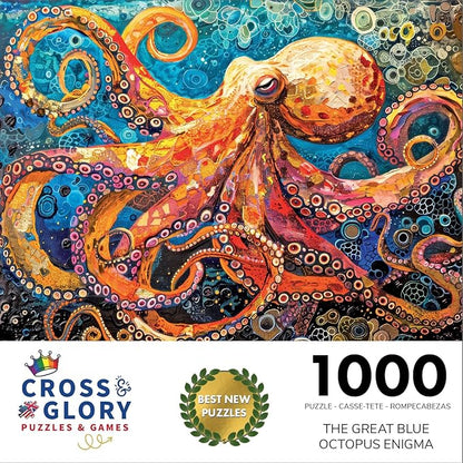 Cross & Glory - The Great Blue Octopus Enigma - 1000 Piece Jigsaw Puzzle for Adults | Ocean Puzzle | Unique Brain Teaser | Vibrant Marine Artwork