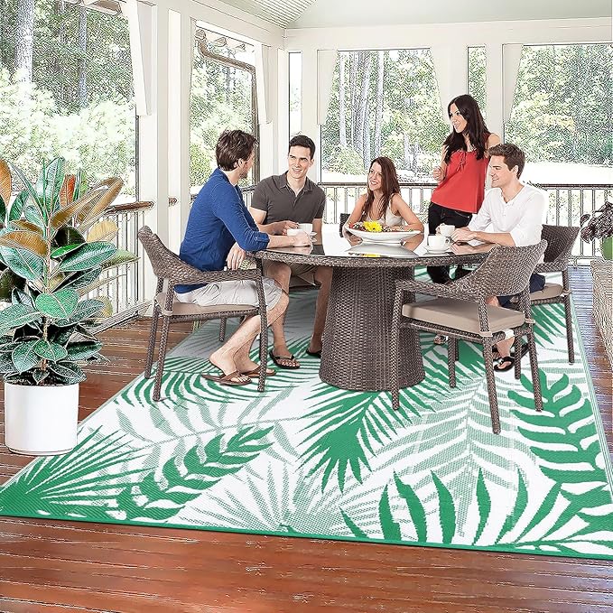 Outdoor Rug 8'x10' Waterproof for Patios Clearance, Reversible Outdoor Plastic Straw Rug Camping Carpet, Outside Floor Mats Large Area Rugs for RV,Patio,Deck,Porch, Beach,Balcony,Green&White