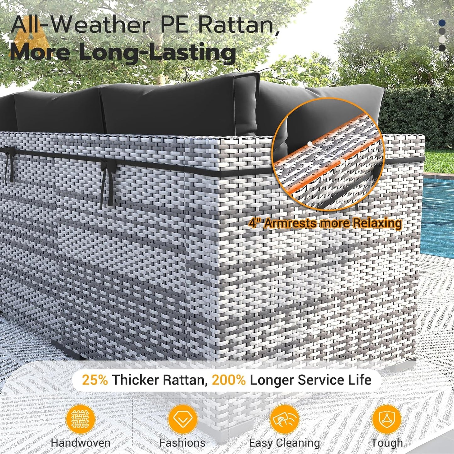 UDPATIO Patio Furniture Set, 7 Piece Outdoor Sectional Sofa,Modular Wicker Outdoor Furniture Conversation Sets with Waterproof Cover for Backyard Deck(Grey/Black)