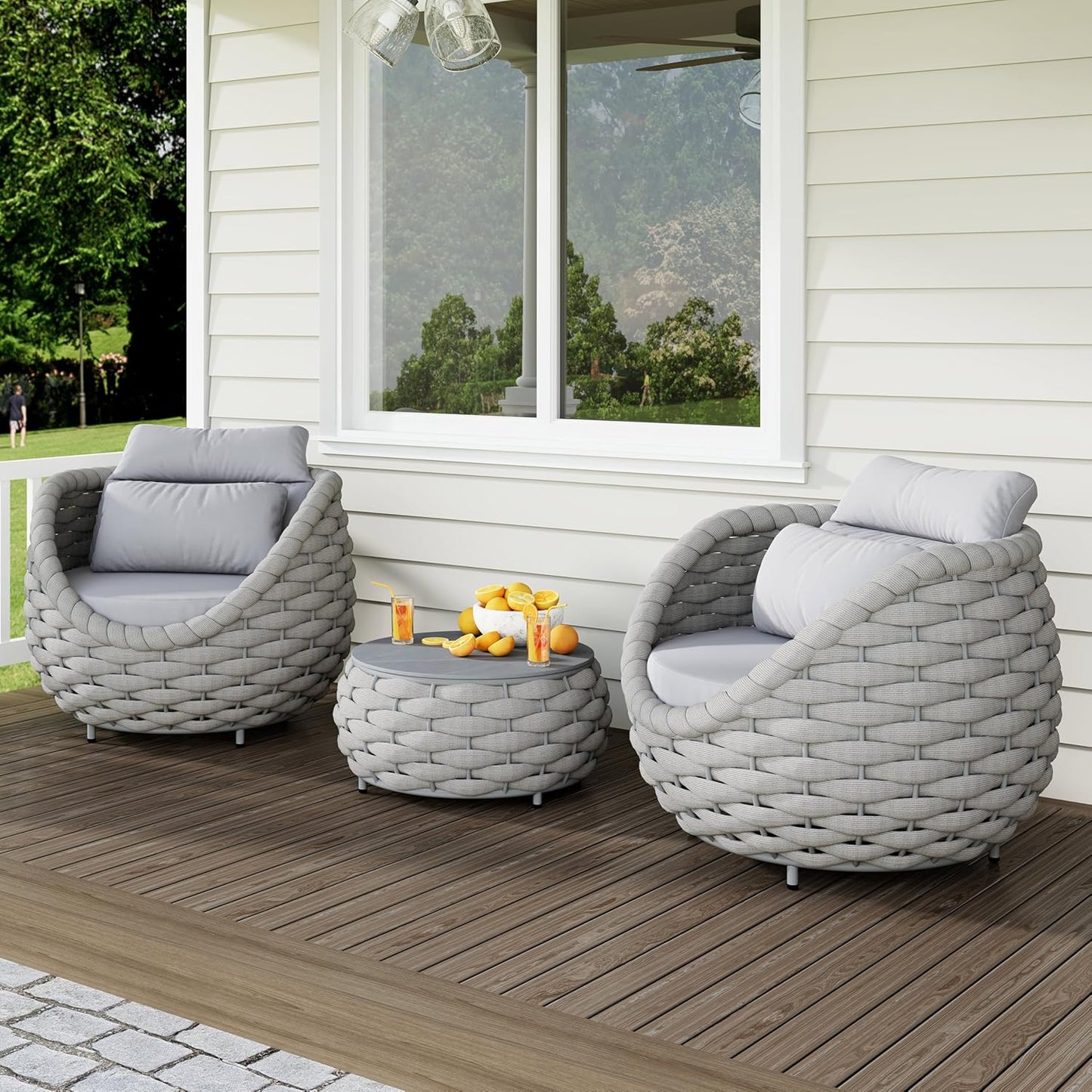Front Porch Furniture Set: 3 Pieces Aluminum Patio Conversation Sofa Set for 2 - All Weather Woven Rope Outdoor Armchair Set w/Cushions No Assembly for Bistro Pool Yard Balcony Deck Hotel, Gray
