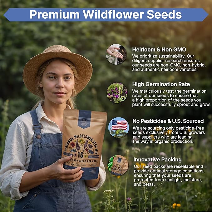 Organo Republic 16 Perennial Wildflower Seeds Mix for Indoor & Outdoors. 100,000+ Non-GMO, Heirloom Wildflower Garden Seeds, 4oz Packet for Growing Wild Flowers to Attract Bees, Butterflies & Birds