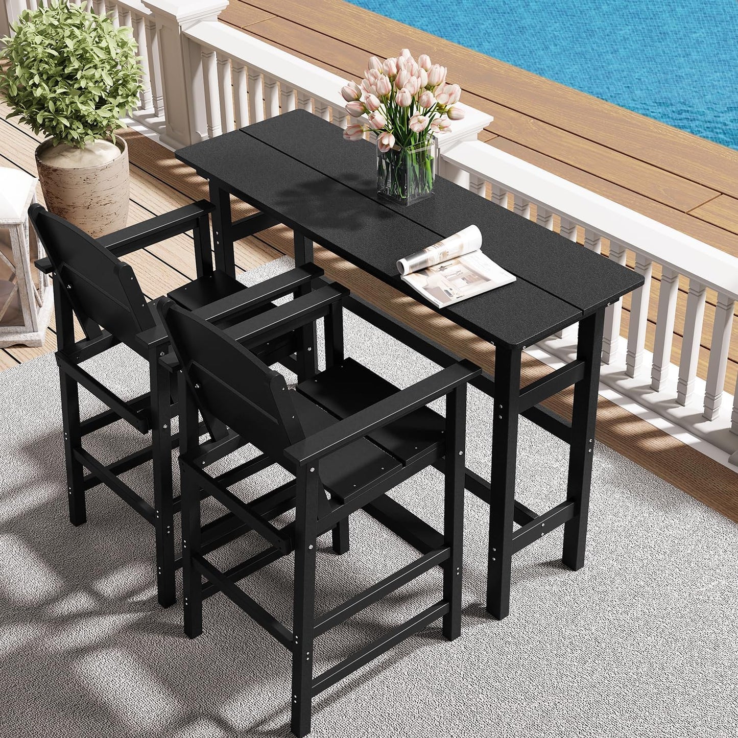 Bar Height Patio Table and Chairs Set, HDPE Outdoor Adirondack Bar Chairs and Patio Table, All-Weather Patio Furniture for Poolside, Backyard, Garden, High Top Patio Bar Set (Black, 3-Piece)