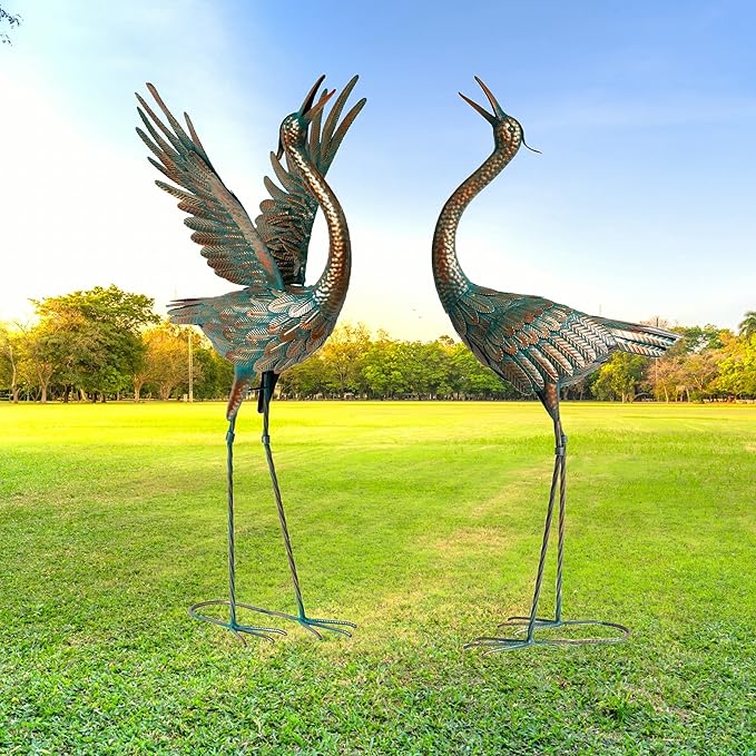 chisheen Crane Garden Statues Outdoor Metal Heron Yard Art Crane for Garden Sculptures Patio Lawn Ornaments,Set of 2