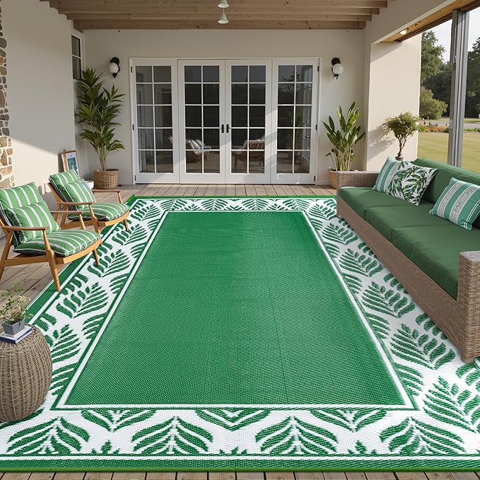 Outdoor Plastic Rug 6'x9' Waterproof Camping Carpet Outside Area Rug Reversible Green Rugs for RV Deck Entryance Porch Picnic Balcony Beach