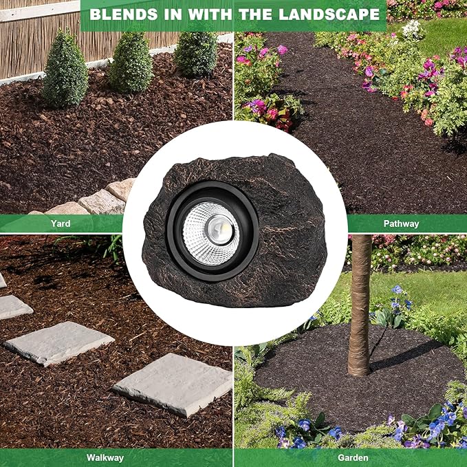 Solar Rock Lights, 2 Pack Outdoor Decorative Garden Spotlights for Pathway, Walkway, Yard, Landscape, Patio (Dark Brown)