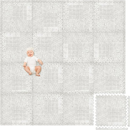 Play Platoon Non-Toxic Extra-Thick Children's Play Mat, 16 Tile - 96 x 96 inch Comfortable Cushiony Foam Floor Puzzle Mat for Kids & Toddlers with 24 x 24 inch 5/8 in Thick Tiles - Khaki, Boho Modern