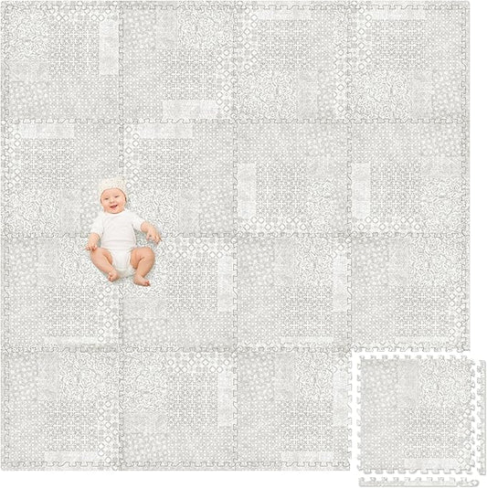 Play Platoon Non-Toxic Extra-Thick Children's Play Mat, 16 Tile - 96 x 96 inch Comfortable Cushiony Foam Floor Puzzle Mat for Kids & Toddlers with 24 x 24 inch 5/8 in Thick Tiles - Khaki, Boho Modern
