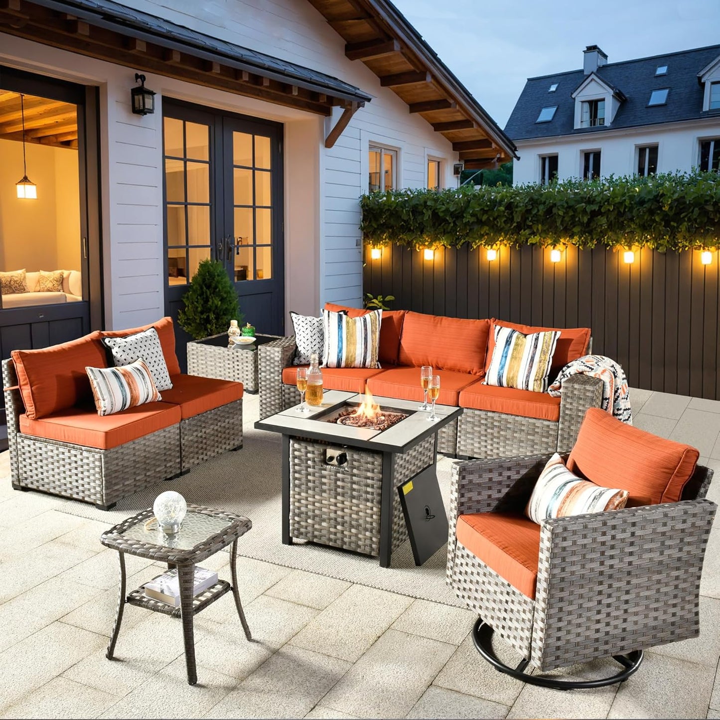 ovios 9 Pieces Patio Furniture Set, Outdoor Wicker Sectional Sofa with 30" Fire Pit Table Swivel Chair, Modern Modular Deep Seat Rattan Couch Conversation Sets, Orange Red