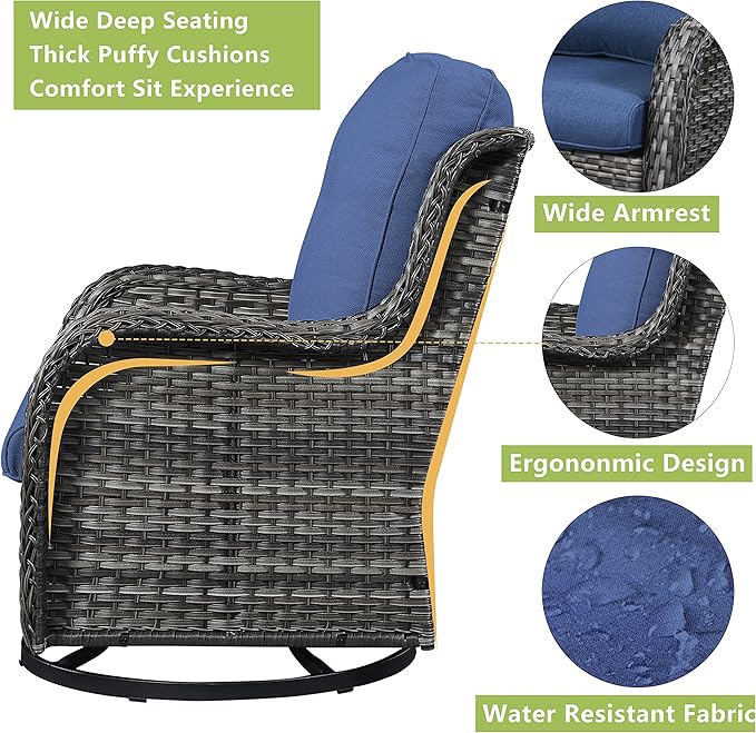 Outdoor Wicker Patio Furniture Set - 5 Pieces Rattan Patio Conversation Set with 2 Rocking Swivel Chairs,2 Ottomans and 1 Side Table for Porch Deck Backyard Garden(Mixed Grey/Blue)