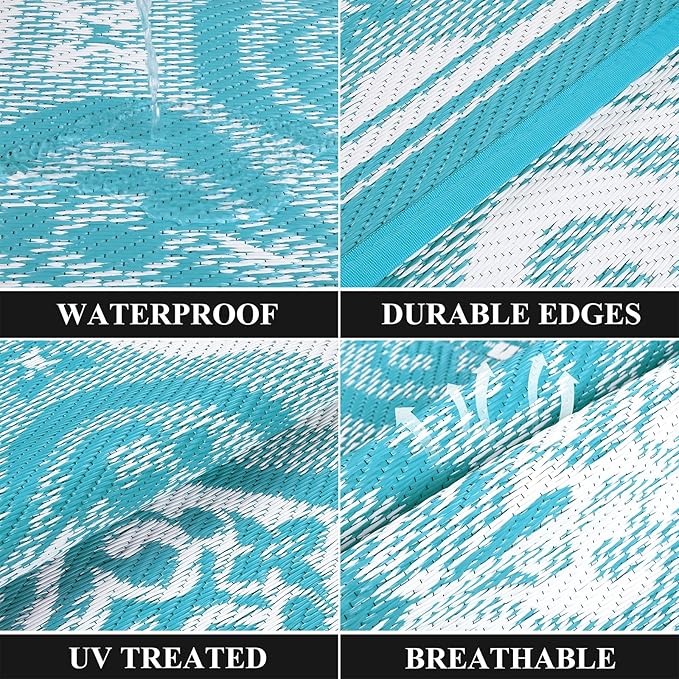 Pauwer Waterproof Outdoor Rug 8x10, Reversible Plastic Straw Patio Camping Rug, Indoor Outdoor RV Mat Carpet for Deck, Camper, Porch, Balcony, Backyard, Picnic, Clover Teal