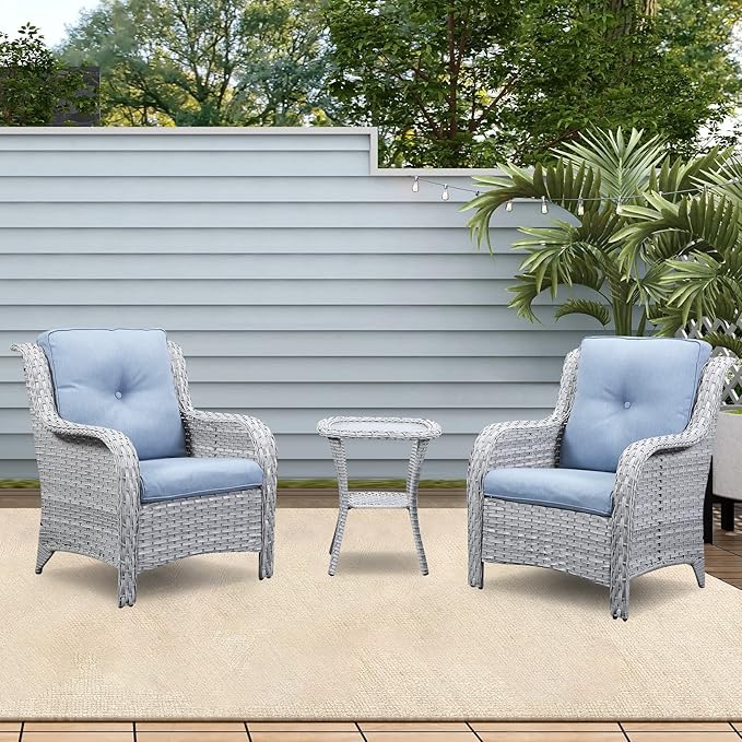 Patio Tables Wicker Side Table - Rattan Coffee Table with Glass Top End Tables for Outdoor Outside Patio Porch Square Light Grey