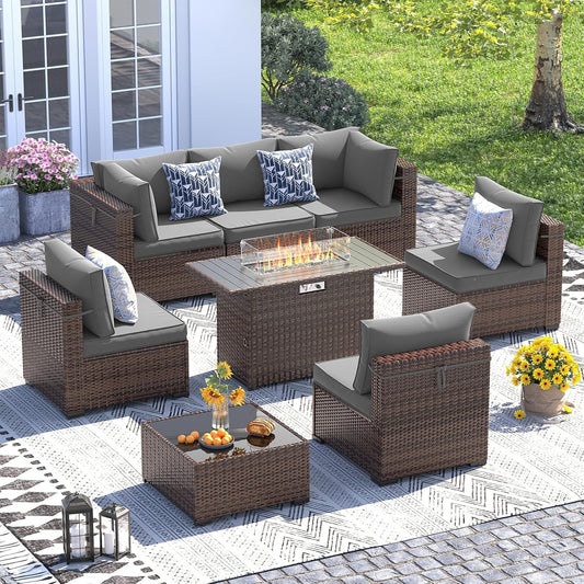 UDPATIO Patio Furniture Set with Fire Pit Table, 8 Piece Outdoor Sectional Modular Sofa, Wicker Outdoor Furniture Conversation Sets with Waterproof Cover for Backyard Deck (Brown/Dark Grey)