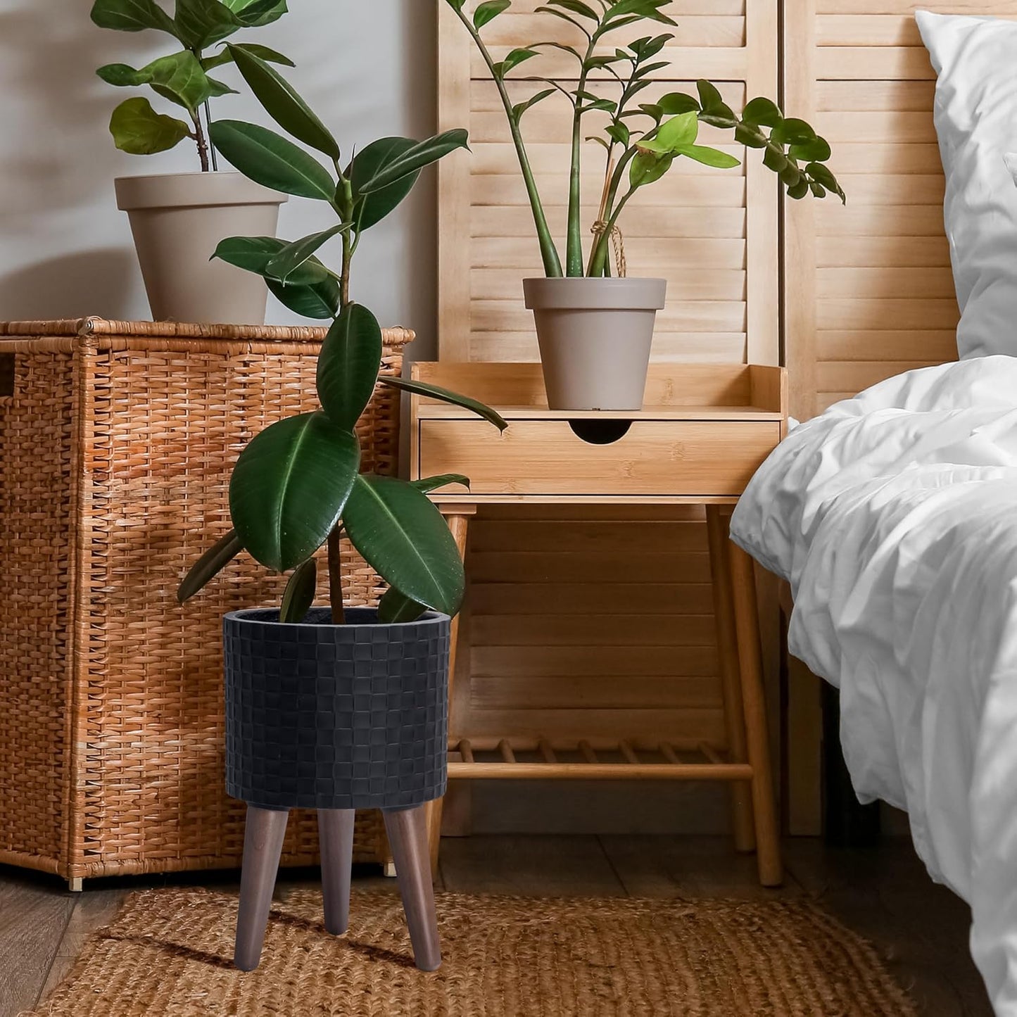 D'vine Dev 8 Inch Modern Geometric Tile Patterned Sleek Planter Pot with Stand, Indoor Outdoor Decorative Plant Holder, Matte Black, 88-Z-A-2