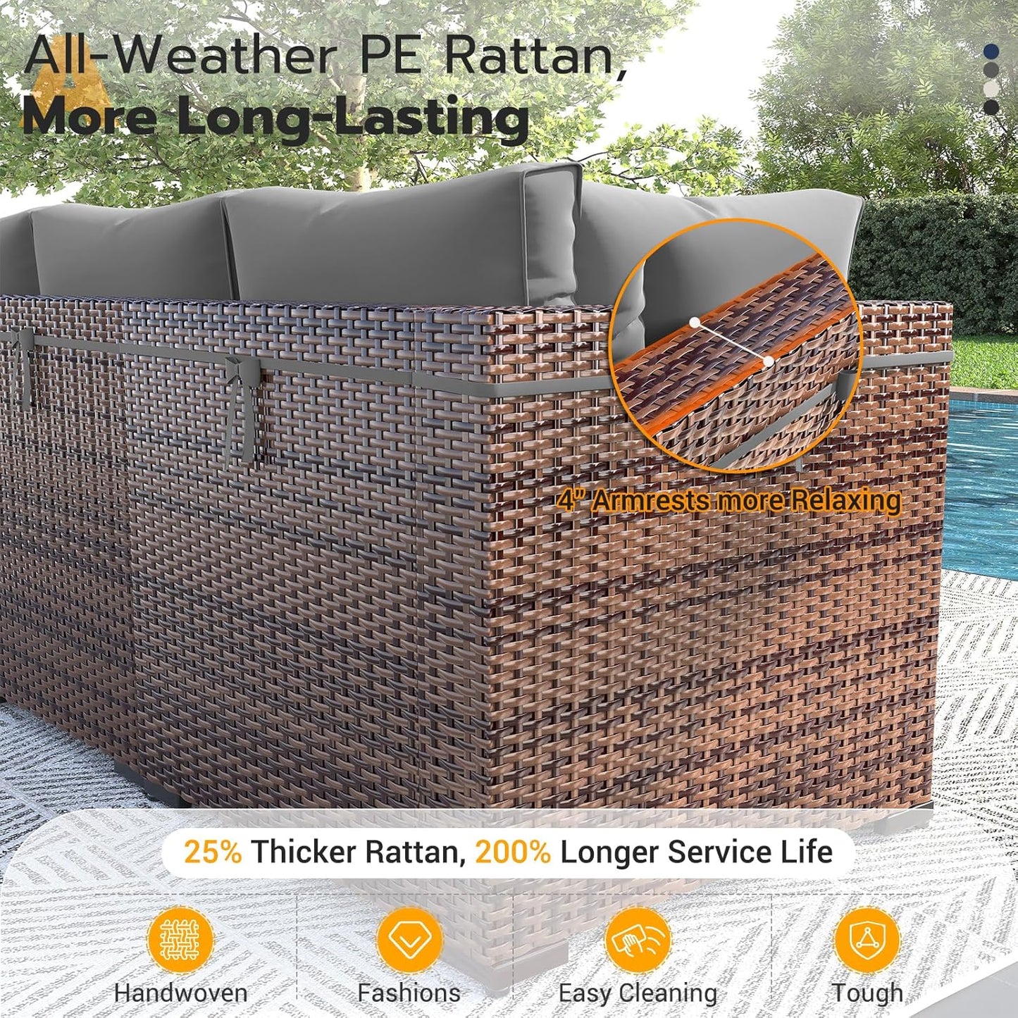 UDPATIO 5 Piece Patio Furniture Set, Outdoor Sectional Modular Sofa with 4'' Thickened Cushions, Wicker Outdoor Furniture Conversation Sets with Waterproof Cover for Backyard Deck(Brown/Dark Grey)