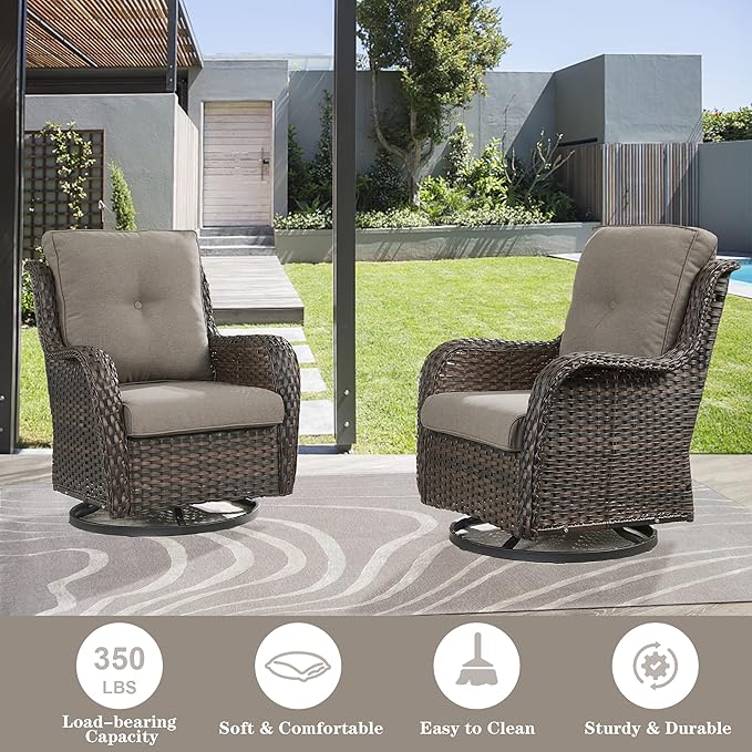 Outdoor Wicker Furniture Patio Set - 7 Piece Backyard Furniture Brown Rattan Conversation Sets with Swivel Rocker Chairs, Rattan Sofa, Club Chairs and Coffee Table, Grey Cushion