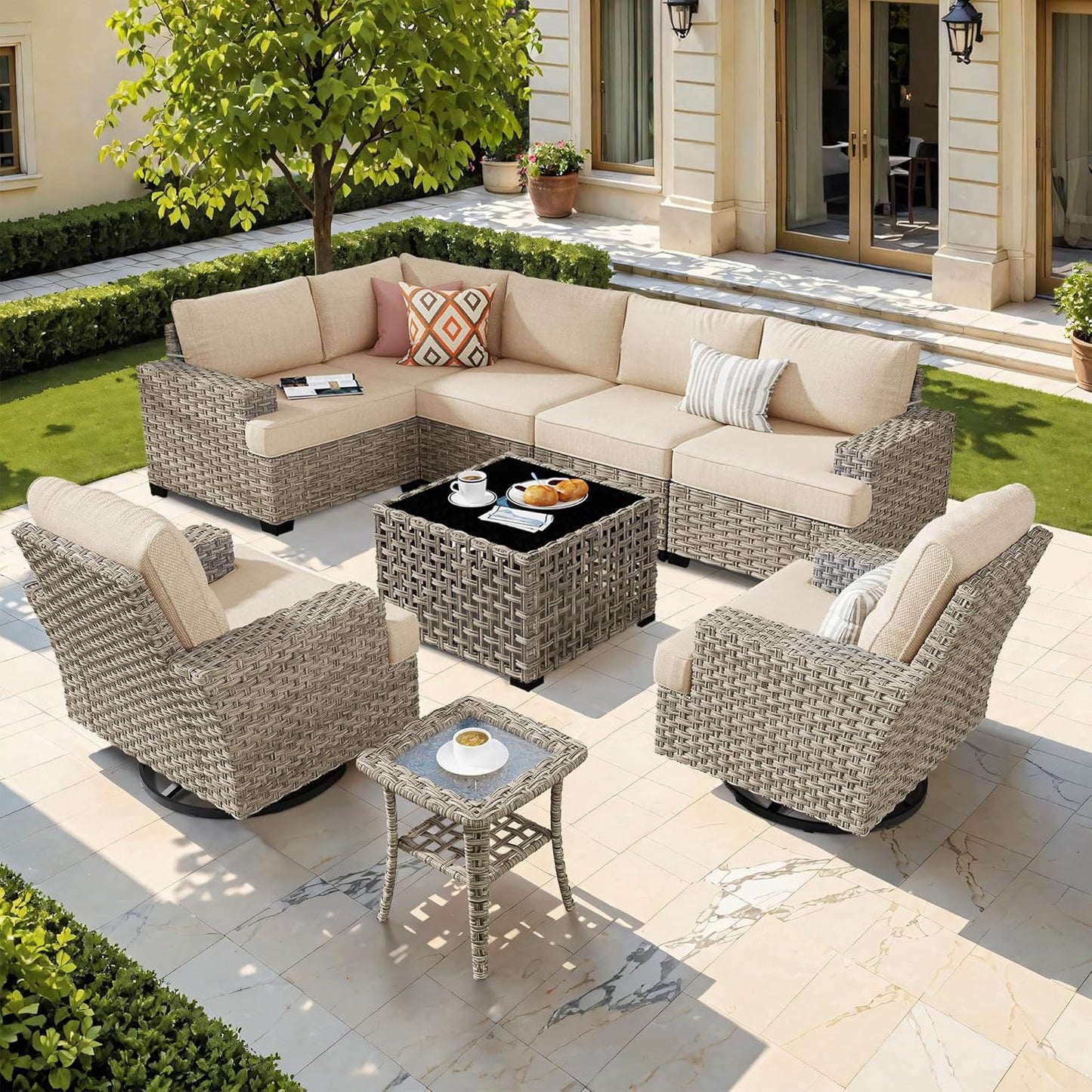 HOOOWOOO Outdoor Sectional Patio Furniture Set,9 Pieces Wicker Conversation Sets L Shaped Couch,Extra Deep Out Door Sofa Outside Furniture with Swivel Chairs,Beige