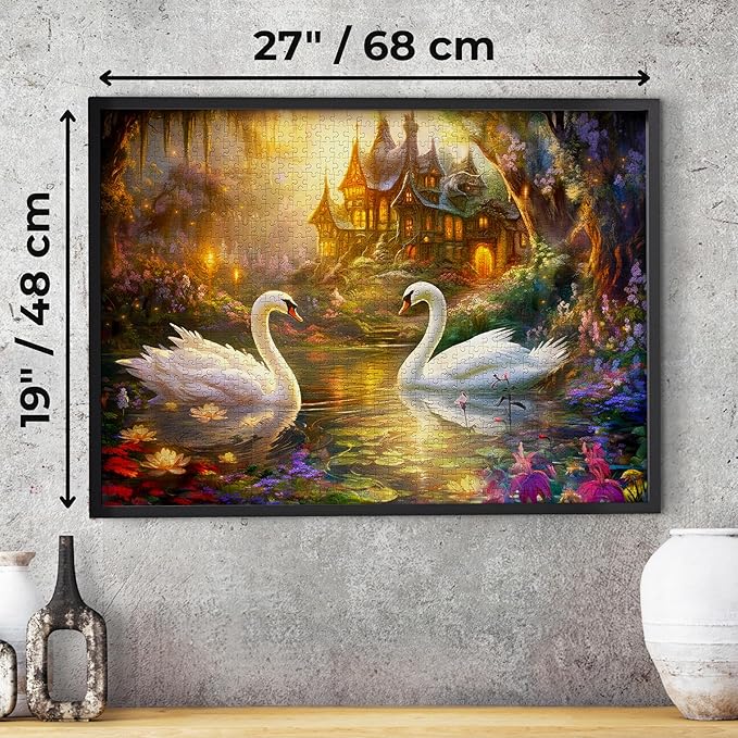 1000 Pieces Jigsaw Puzzle for Adults – Matte Finish, Soft Touch, Easy to Assemble, Tight Fit, Vivid Colors, Missing Pieces Service – Swans Flower Pond and Fantasy Forest House by ENJOY Puzzle