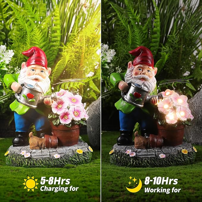 Gnome Figurine Garden Decor, Solar Resin Gnomes Outdoor Statue, Funny Gnome Gift Sculpture Decoration for Home Patio Yard Lawn Porch Ornament