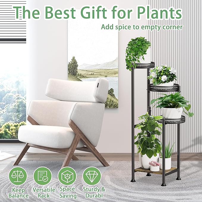 4 Tier Plant Stands Indoor Clearance , 31.5 Tall Corner Plant Shelf for Multiple Plants, Black Metal Wood Tall Plant Display Rack Flower Holder for Patio Porch Garden Balcony Bedroom