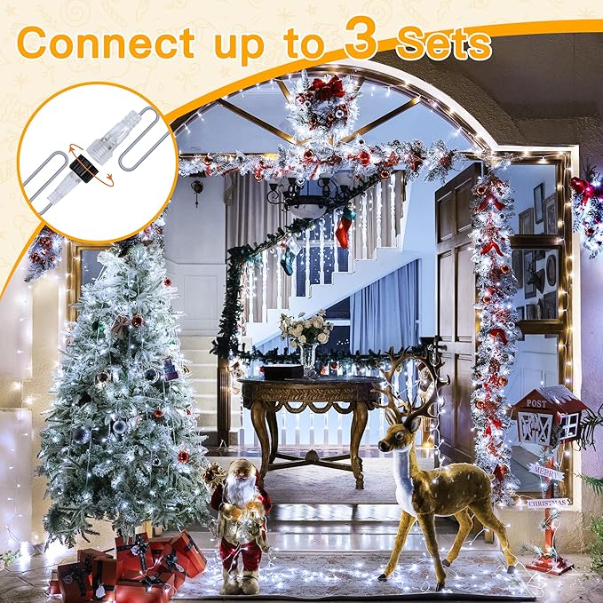 Ollny Outdoor String Lights 200LED 60FT, Cool White Connectable Plug in Fairy Light, 8 Modes Waterproof Timer Christmas Lights for Indoor Outside Bedroom House Party Wedding